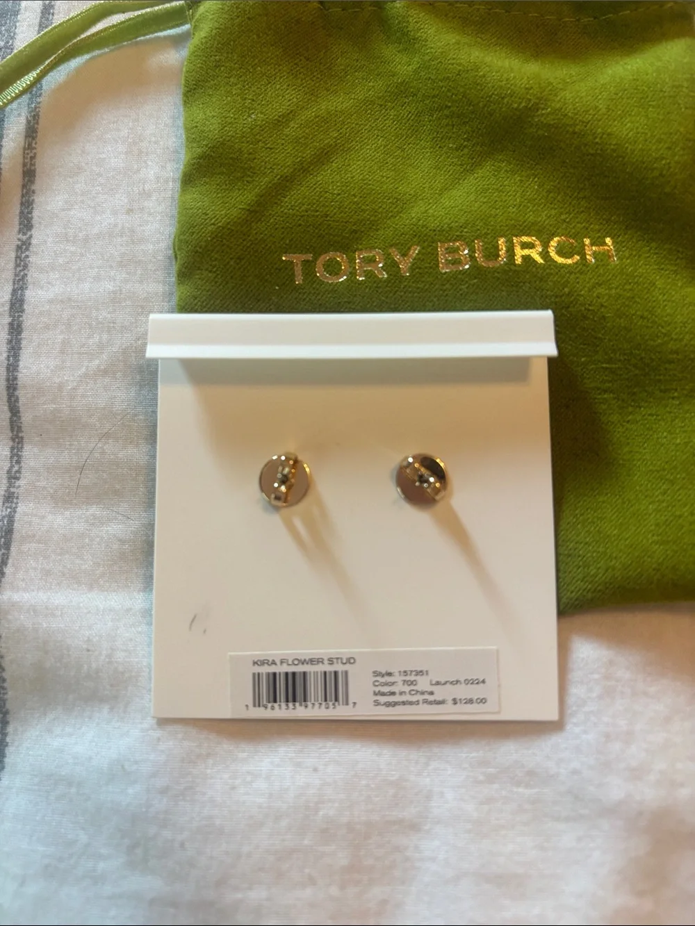 Tory Burch Floral Logo Stud Earrings - White & Gold NWT